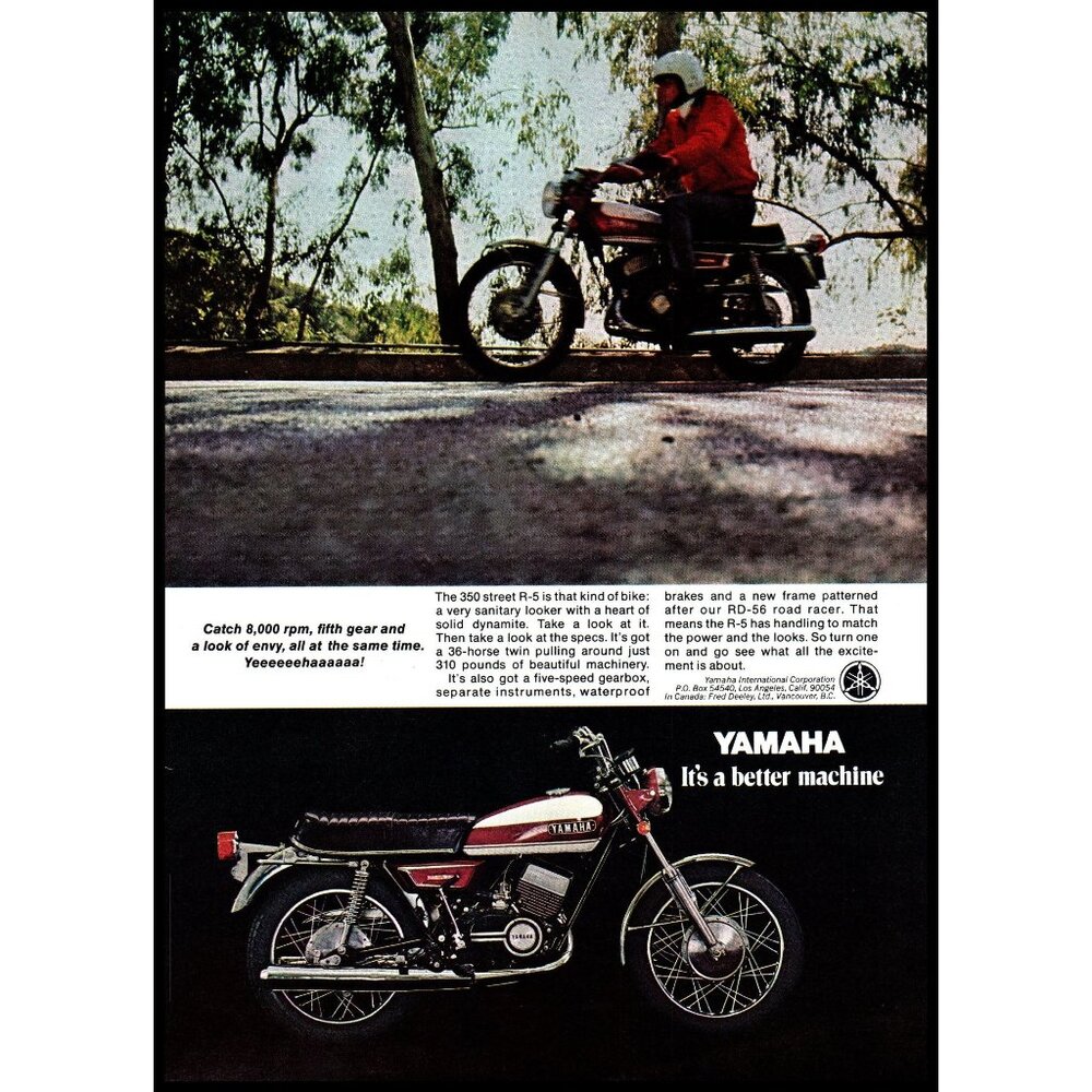 1970 Yamaha 350 Street R-5 Motorcycle Vintage Print Ad 70s Sport Bike Wall Art